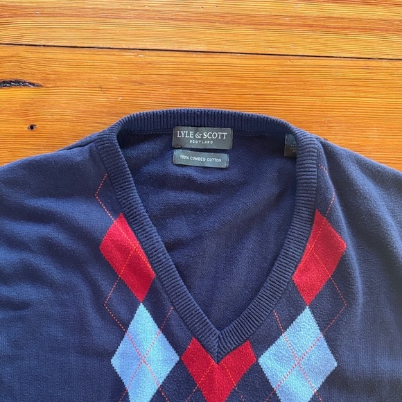 Vintage Sweater Lyle & Scott V-Neck Argyle  Vest - Navy, Red, Light Blue Size XL - Picture 5 of 9